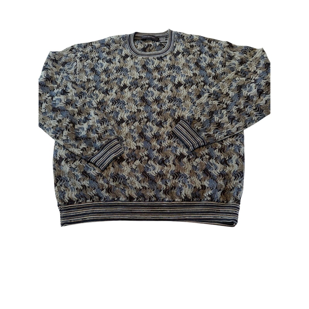 Jhane Barnes Mens Wool Blend Geometric Knit Crewneck Sweater Blue Brown Size M
